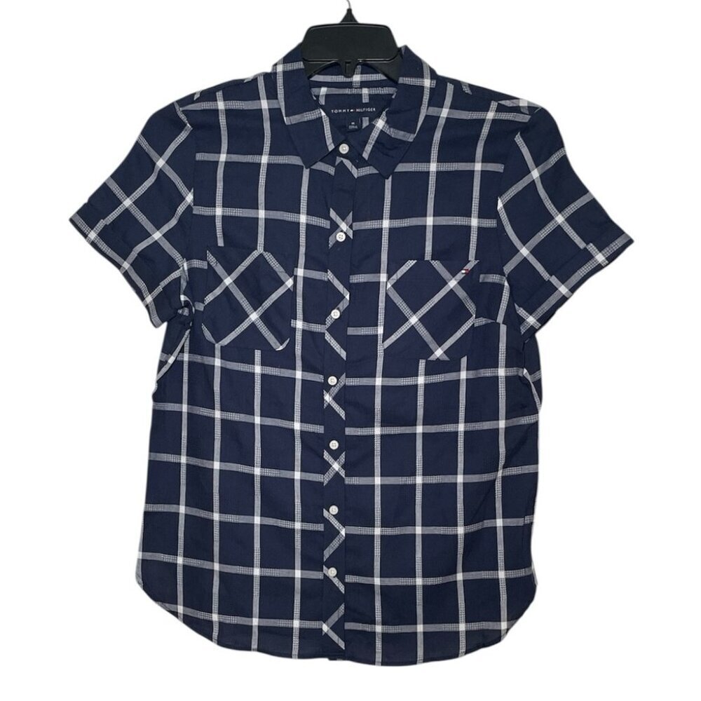 Tommy Hilfiger navy and white plaid shirt sz L